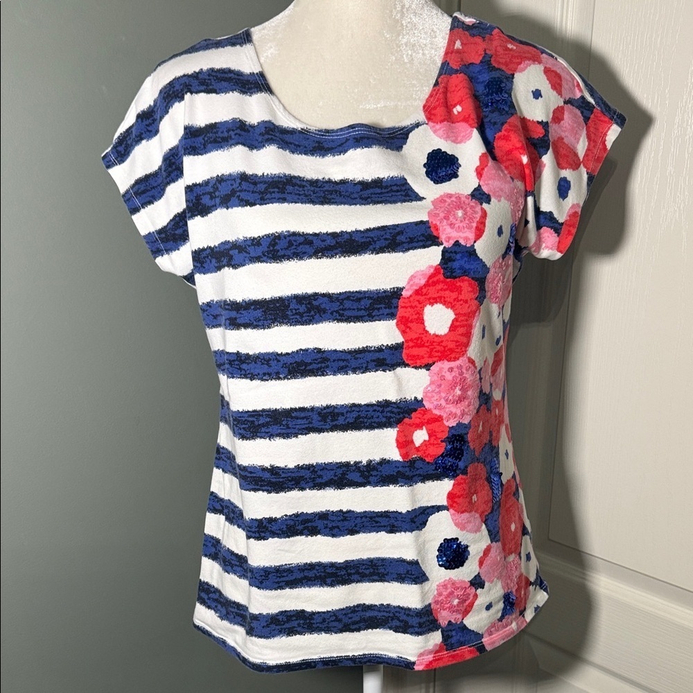 Ruby Rd. Striped Floral Sequin Top Medium Nautical Blue White Short Sleeve